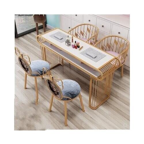 Iron nail table and chair set Nordic style simple double layer imitation marble surface gold single and double person