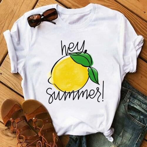 Women T Shirt Cute Hey Summer Lemon Fruit Cartoon Printed Tops Tee Short Sleeve Graphic Summer Fashion Womens Clothing T-shirt