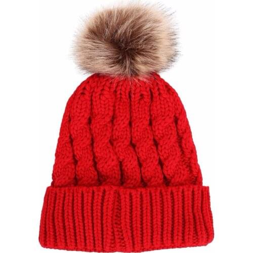 TEQING Women girls Winter hat autumn solid cable Knit Faux Fur adult hats Pompoms faux fur pom pom Beanie unisex Hat H-71