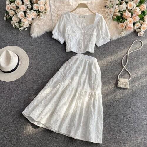 2021 Women Two Piece Set High Quality Sweet Square collar Short Shirt+High waist White Midi Skirt 2 Piece Set Elegant Suits