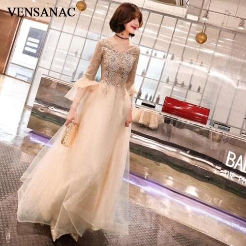VENSANAC Crystal V Neck Lace Appliques A Line Long Evening Dresses Illusion Flare Sleeve Party Prom Gowns