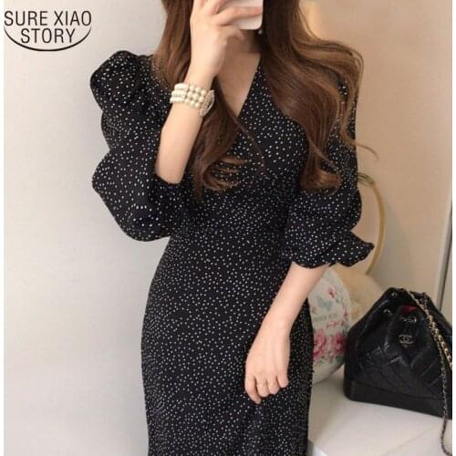Summer Dress Elegant Lace-up Women Slim Waist 2021 Spring Fashion V-neck Puff Sleeve Polka Dots Party Dresses Vestidos 13297