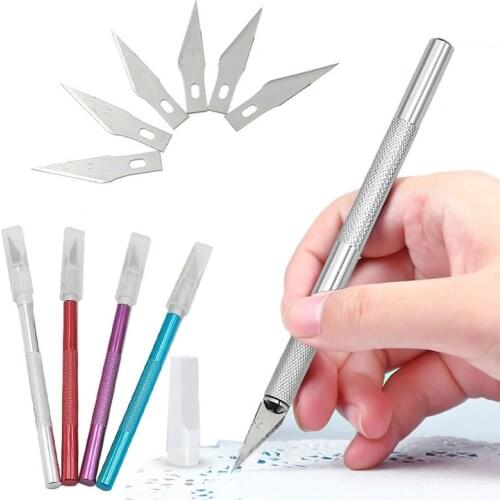 1 Set Metal Handle Knife With 6Pcs Blade Scalpel Engraving Cutter Non-Slip DIY Utility Handcraft Sculpture