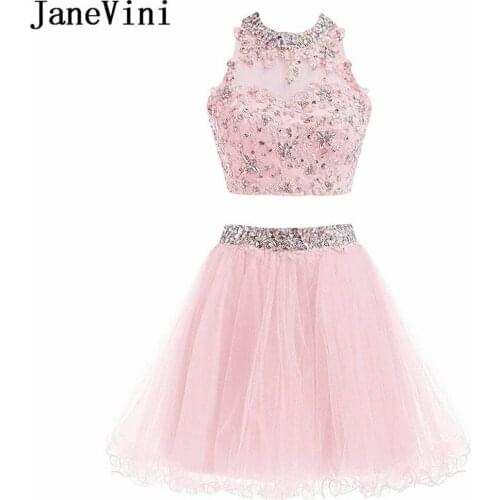 JaneVini Elegant 2 Pieces Beaded Prom Dresses Short Sexy Open Back Tulle Crystal Lace Bridesmaid Dresses For A Wedding Party