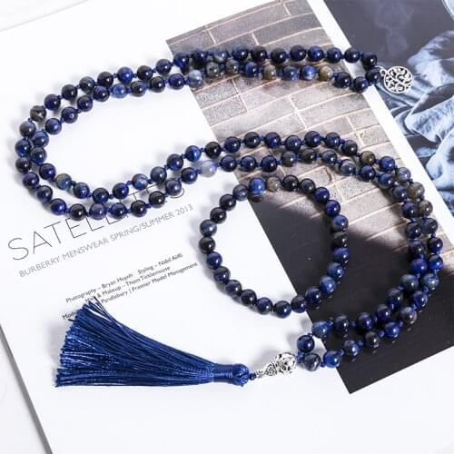 8mm Natural Lapis Lazuli Tiger Eye Stone Beaded Knotted Necklace Meditation Yoga Jewelry 108 Japamala Rosary Tree of Life Amulet