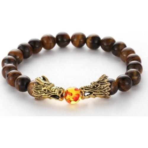 8mm ktj4 Bangles yellow Tigereye bead double Dragon Buddha Prayer Yoga Bracelet women men nature stone Party Jewelry