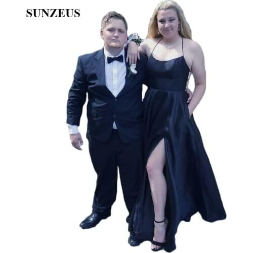 Halter Black Prom Dresses Satin A-Line Girls Graduation Dress Gowns with Pockets Skirt Leg Slit Backless Evening Party Gowns