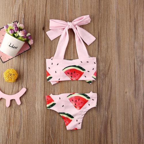 Watermeloen Print Badpak Baby Meisjes Badmode 2021 Halter Strik Kids Bikini girls beachwear Meisjes Badmode Badpak 1-6Y