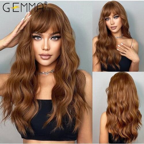 GEMMA Long Wavy Ginger Wigs with Bangs Best Synthetic Wig for Women Copper Red Cosplay Party Wigs High Temperature Natural Hair