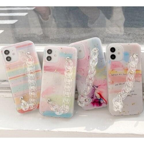 Epoxy Glitter Sequins Wrist Strap Chain Colorful Phone Case for iPhone 12 Mini 11 Pro XS Max Wristband Hand Holder Marble Cover