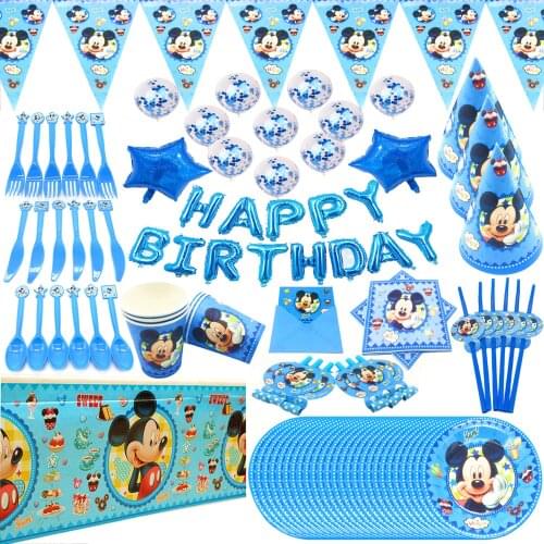 Blue Mickey Mouse Happy Birthday Party Decorations Kids Plate Cup Straw Napkins Disposable Tableware Baby Shower Event Party Set