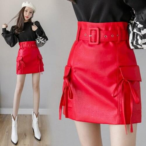 Fashion PU Leather Skirts Women Streetwear High Waist Pockets Skirt With Belt Plus Size Skirts jupe femme