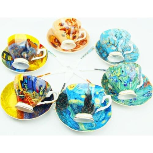 Fine Bone China Teacup and Saucer Set, with Famous Painting Starry Night Sunflower Painted, China Tea Cups with Spoon, 200ml