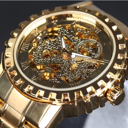 New Fashion Gold Skeleton Watches Stainless Steel Men Automatic self-wind Mechanical Wrist Watch Gift Box luxury Erkek Saat