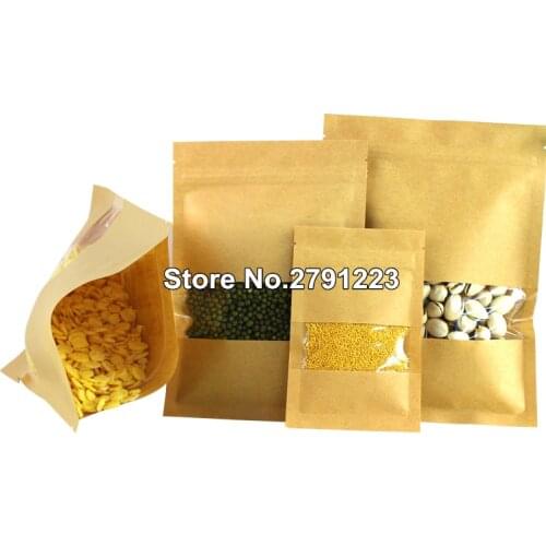 100 Pcs Kraft Paper Food Bag with Zip Lock, Reusable Sealing Bag Pocket with Clear Window for Storing Cookie Dried Food Snack