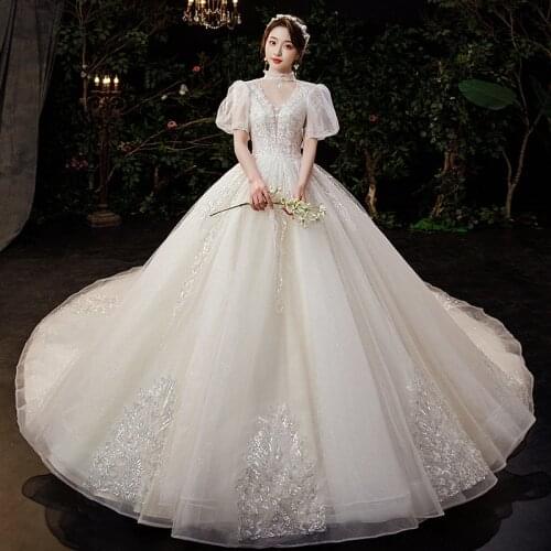 Luxury Sequins Wedding Dress 2021 Bride V-neck Starry Palace Dreamy Gown Dress Elegant Tutu Junoesque Prom Evening Dress A153