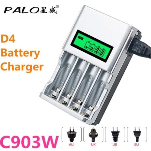 2 PCS PALO C903W 1.2V 4 Slots LCD Display Smart Intelligent Charger for AA/AAA NiCd NiMh Rechargeable battery with EU AU plug