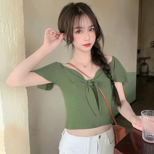 Knitted Short Sleeve T-Shirt Summer Womens Solid V Neck Tee Tops Bow Slim Exposed Navel Top