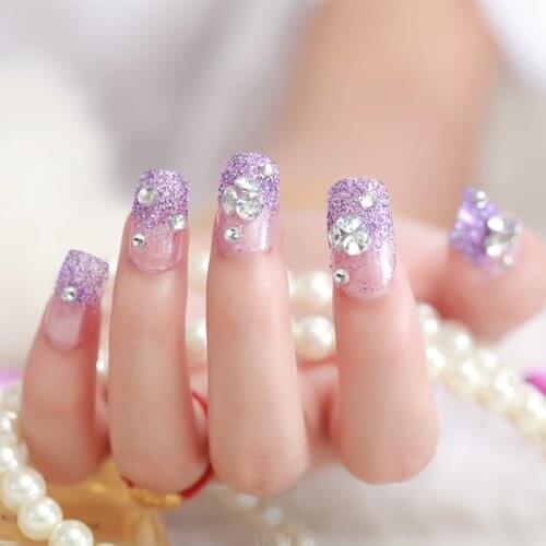 Bride Bright Shining Rhinestone Fake Nail Women 3D DIY Full Nails Tips Girls Purple Pink Color Beauty Artificial Nail With Glue