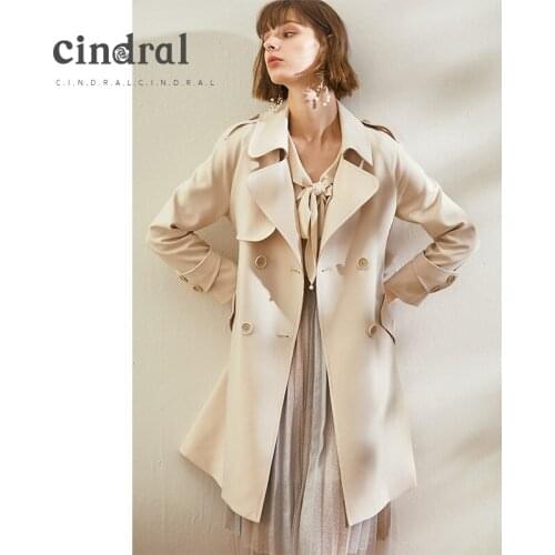 2021 Spring and Autumn Popular New Windbreaker Womens Mid-length Lapel Tie Double-breasted Temperament Jacket