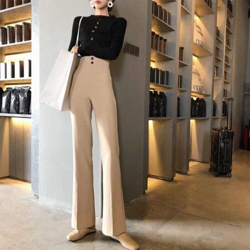 2020 New Summer Flare Pants Women Office Lady Skinny Pants Female Fashion Button Fly High Waist White Black Long Trousers C107