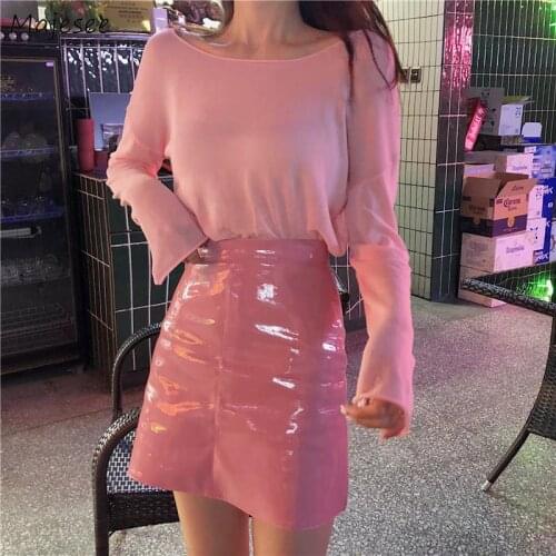 Women Skirts Pink PU Pink Simple Zipper Sweet Cute Girls High Waist Loose Mini All-match Korean Style Chic New Streetwear Female