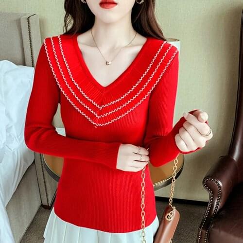 Knitted Slim Women Sweater Spring Autumn Ruffles V-Neck Sweater Mujer Pullover Long Sleeve Top Korean Fashion Female Clothing