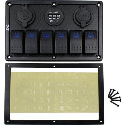 ABS 12V 24V 6 Gang Blue LED Rocker Switch Panel Circuit Breaker 3.1A Dual USB Port 12V 24V Waterproof RV Boat Marine Trailer