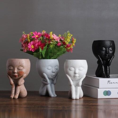Art Portrait Flower Pot Vase Sculpture Resin Human Face Family Flower Pot Handmade Garden Storage Doll Vase Home Decorations