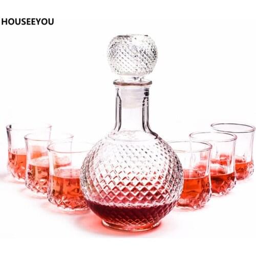 Clear Glass Decanter Vintage Glass Liquor Whiskey Crystal Bottle Wine Decanter with 6 Glass Cups Home Bar Tools Barware Supplies