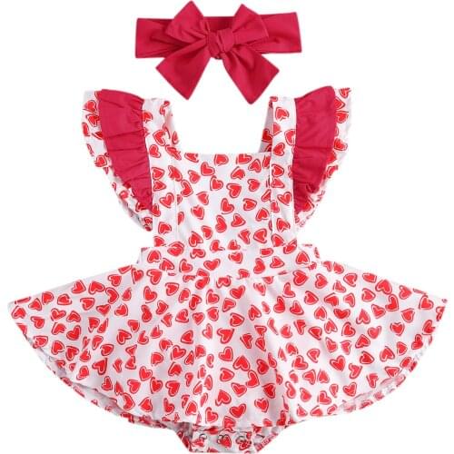 Kids Baby Girl’s Ruffles Fly Sleeve Jumpsuits Sweety Heart Pattern Bandage Romper Headband Baby Valentines Clothes