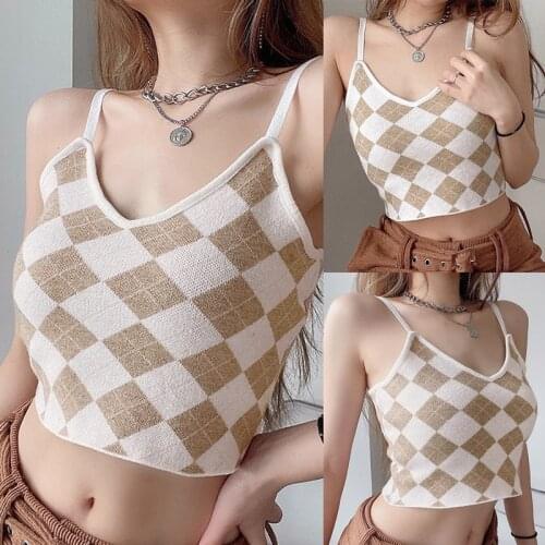 Womens Diamond Check Backless Small Sling Womens Inner Wear Sleeveless Bottoming Vest Apricot
