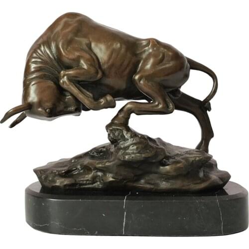 Angry Bull Sculpture Statue Bronze Marble Base Wall Street Bull Cattle Art Figurine Study Office Decor