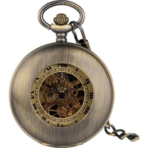Steampunk Pocket Watch Bronze Hollow-out Design Case Retro Dial Mechanical Hand Wind Necklace Chain Clock zegarek kieszonkowy
