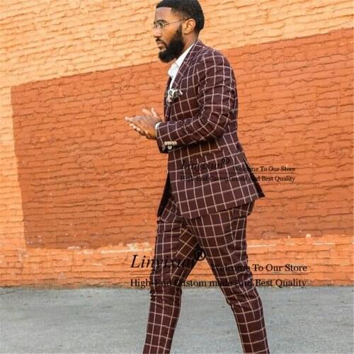 Gentleman Burgundy Glen Plaid Two Pieces Wedding Tuxedos Notched Lapel Slim Fit Groomsmen Suits Costume Homme (Jacket +Pants)
