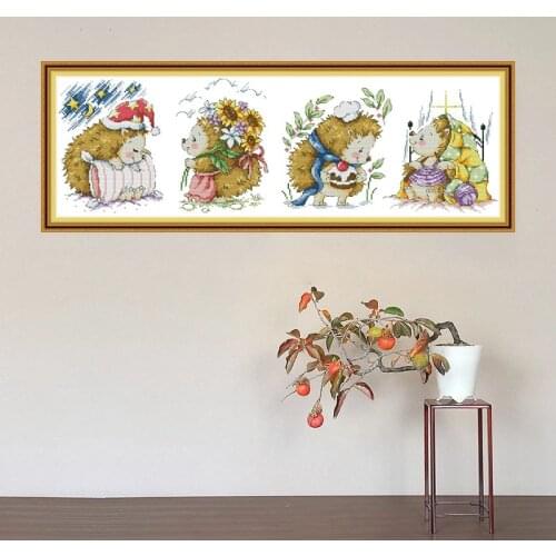 Four hedgehogs Cross Stitch Kits Mouselet Printed patterns Canvas Chinese Embroidery Needlework Kit Cross-stitch set counted dmc