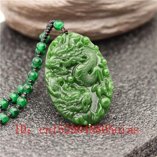 Natural Green Chinese Jade Dragon Pendant Beads Necklace Fashion Charm Jadeite Jewelry Carved Amulet Gifts for Women Men