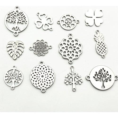 10pcs Mixed 12Types Fashion Tree Flower Charms Connectors Plants Bracelet Clover 100% Stainless Steel Pendant Diy Jewelry Making