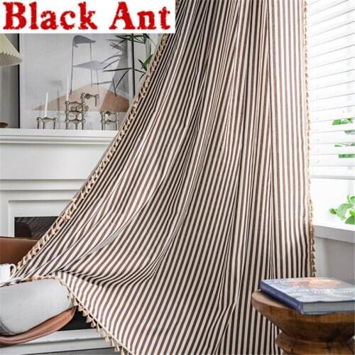 American Coffee Striped Curtains Semi-Blackout For Living Room Door Sheer With Tassels Window Drapes Strap Rod Pocket CP-JD1083