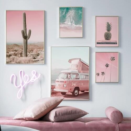 Pink Bus Plant Seascape Poster Nordic Palm Tree Cactus Pineapple Canvas Painting Wall Art Pictures Scandinavian Home Decor