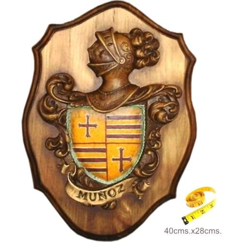 Heraldic wood carving of 1 family name coat of arms painted on wooden metope