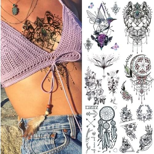 Sexy Lion King Temporary Tattoos For Women Adult Realistic Flower Hummingbird Dream Catcher Fake Tattoo Sticker Breast Tatto