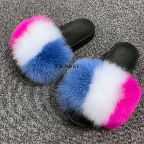 Kids/Childrens Raccoon Fur Slippers Womens Open Toe Furry Sandals Ladies Real Fox Fur Slides Female Fluffy Flip Flops EU28-45