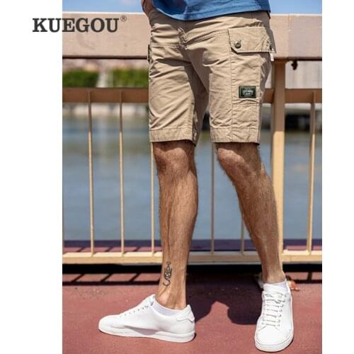 KUEGOU100%Cotton Clothing Mens shorts Safari Style High Quality Casual Pants Summer Fashion Big Pocket Apricot 29013