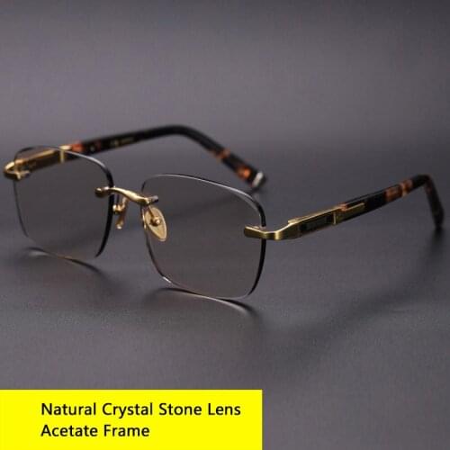 Rimless Glass Sunglasses Man Vintage Acetate Frame Natural Crystal Stone Lens Sun Glasses Woman Anti Eye Dry Scratch UV400
