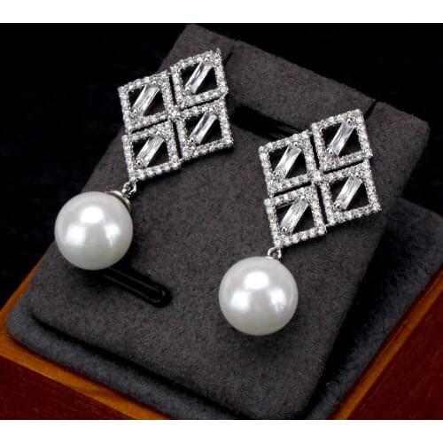 TIRIM Trendy Pearl Square Shape Dangle Drop Earrings with Cubic Zirconia Luxury Shining For Women Bridal Prom Original Design