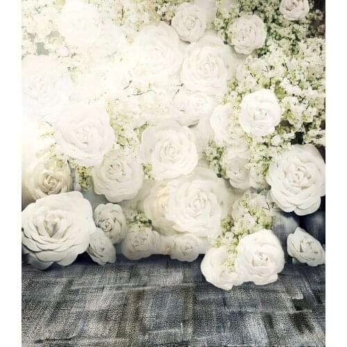 TR Photography Backdrop Blooming White Flowers Backdrop Grey Wood Floor Studio Backdrops For Wedding Photo Shoot Real Background