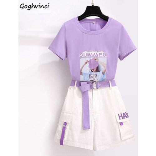 Women Sets Summer Chic Purple Print Harajuku Sweet Girls Outfits Lovely Short Sleeve Top Tees High Waistes Cargo Womens Shorts