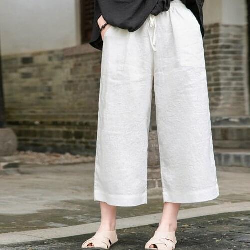 Johnature Vintage Linen Women Pants Casual Straight Ninth Pants 2021 Summer New Elastic Waist Lace Up Pants Wide Leg Pants