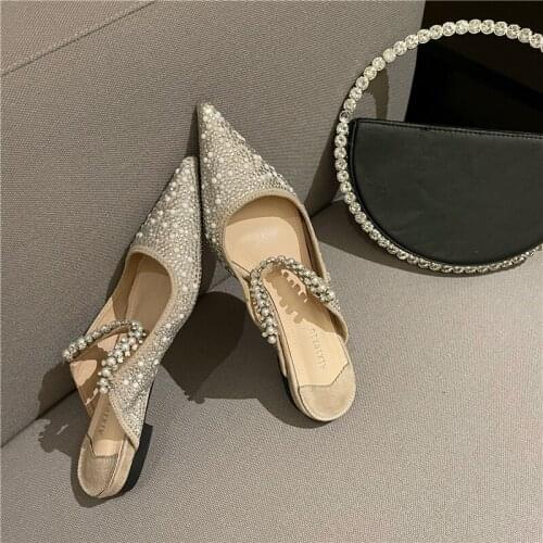 Pointed Toe Women Slippers Rhinestone Bling Flats Slip On Mules Shoes Shallow Flats Shallow Comfortable Shoes Woman Size 35-39